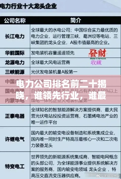 电力公司排名前二十揭晓，谁领先行业，谁最具潜力？